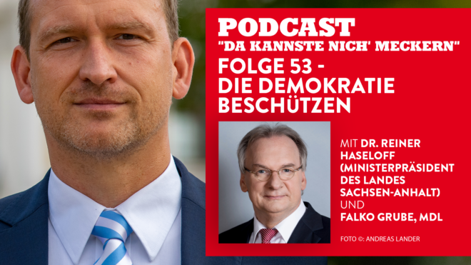 Grafik mit Fotos von Dr. Falko Grube und Ministerpräsident Dr. Reiner Haseloff und der Schrift: "Podcast "Da kannste nich' meckern" Folge 53 - Die Demokratie beschützen